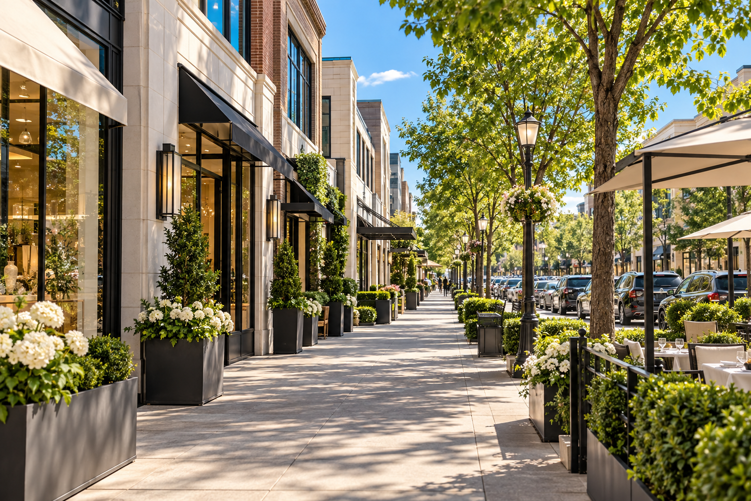 Illustrative leafy Denver-style dining district