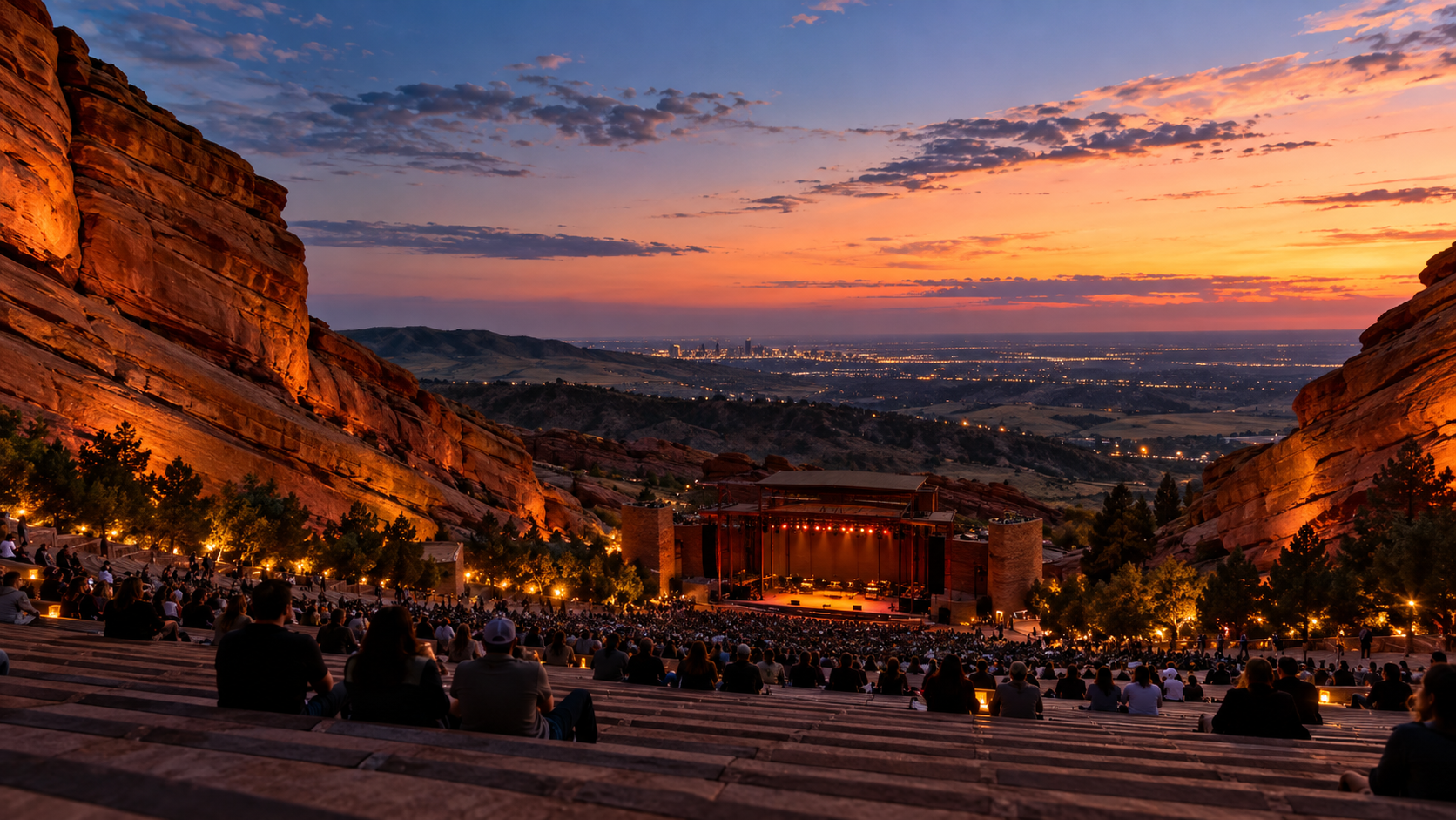Illustrative Red Rocks-inspired amphitheatre at dusk with warm concert lighting
