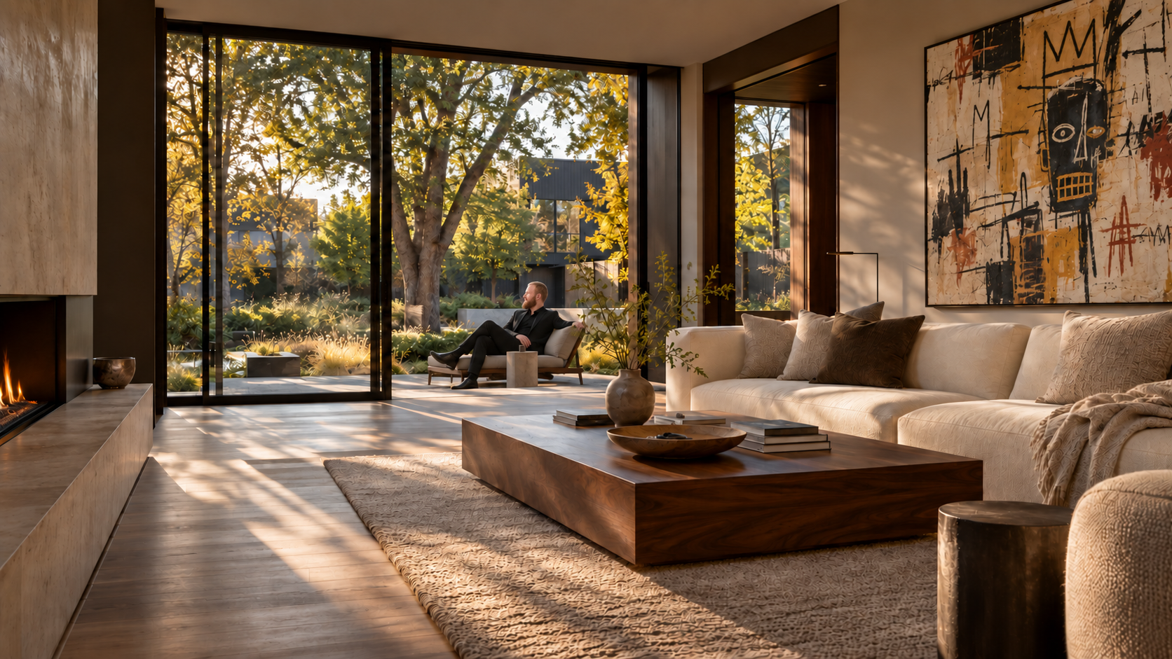 Trevor in a black suit on a patio, with an ivory sofa and expressive art inside