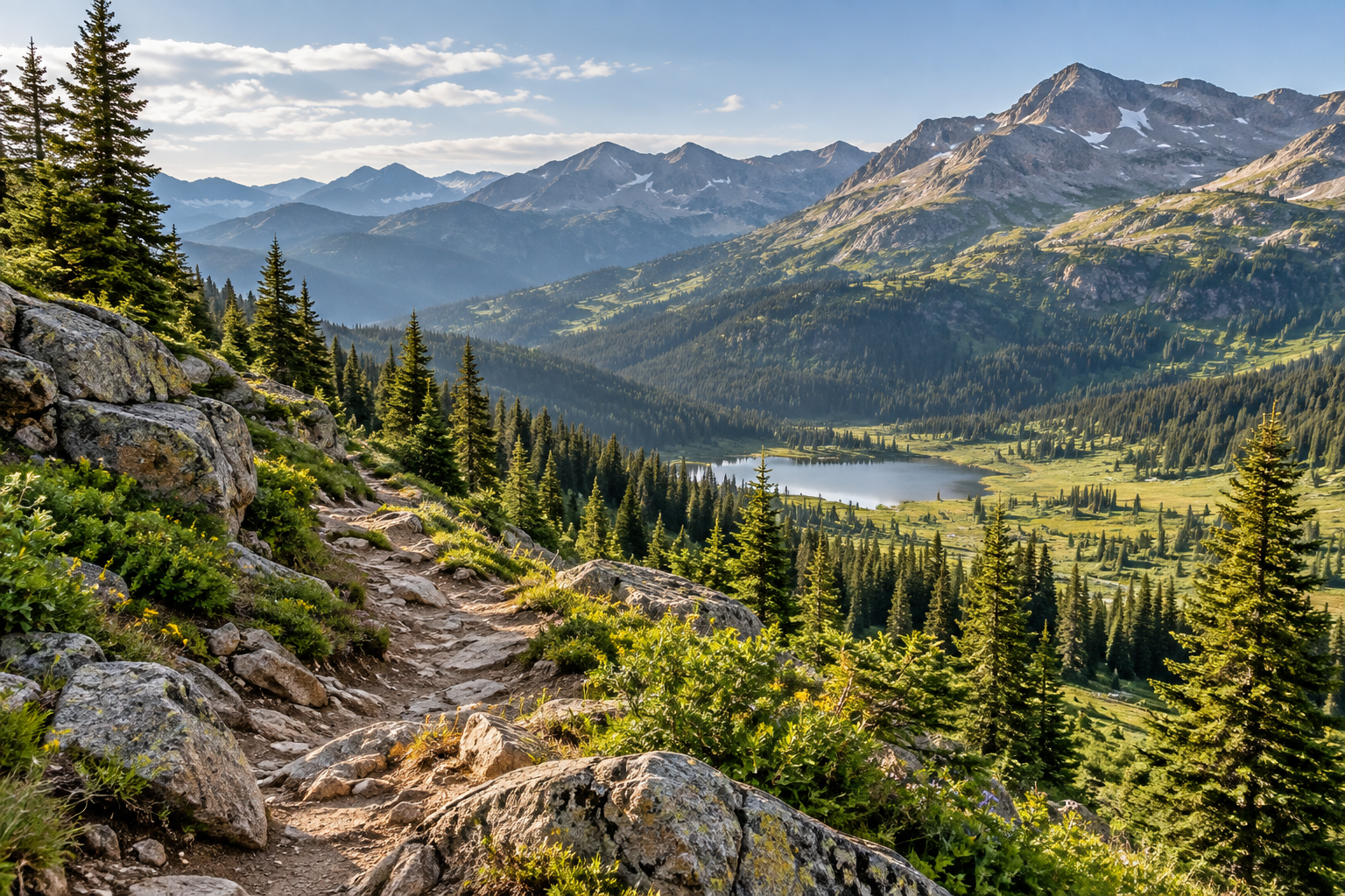 Illustrative Colorado alpine trail and mountain valley