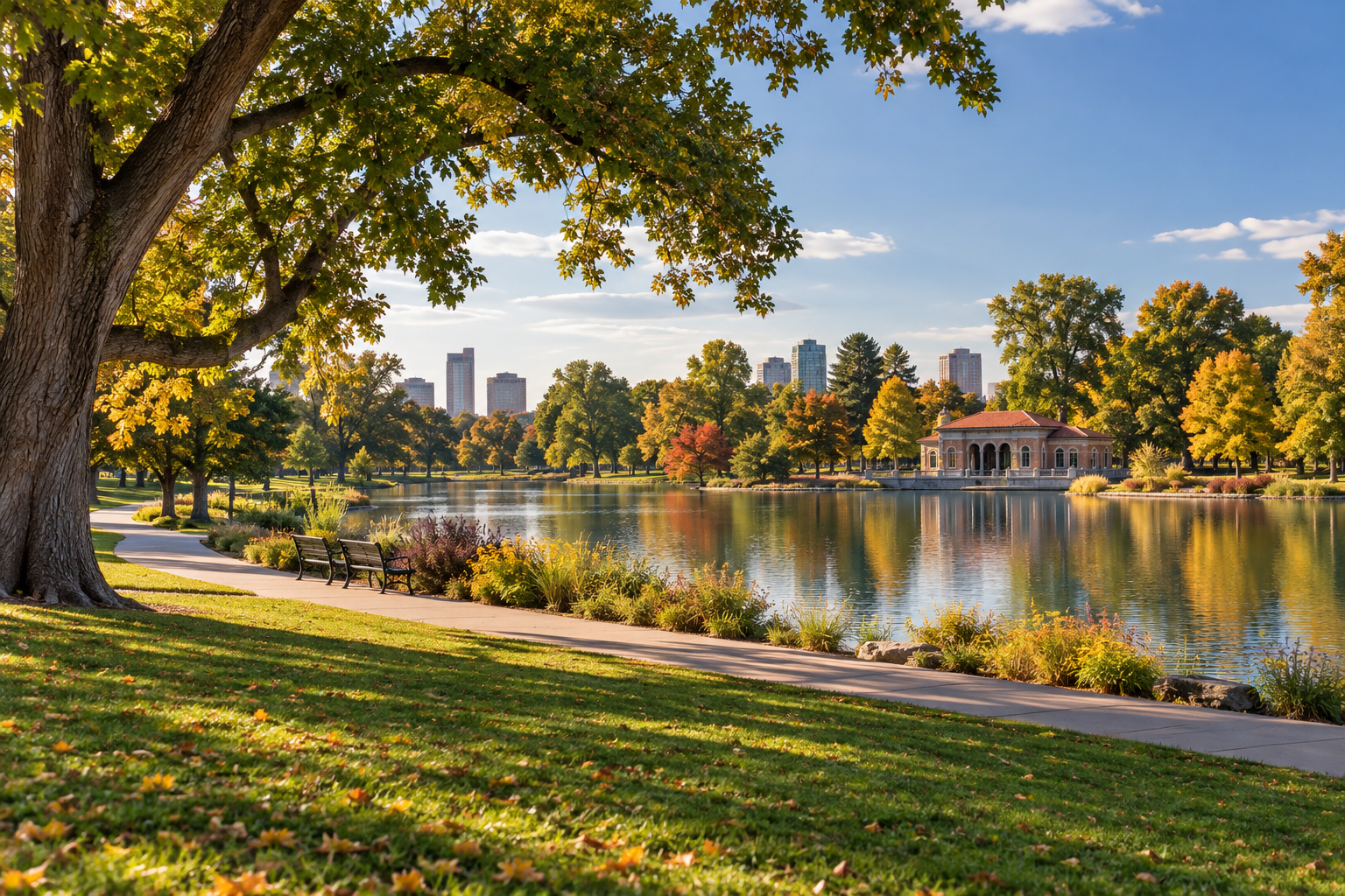 Illustrative Denver-style lake and urban park